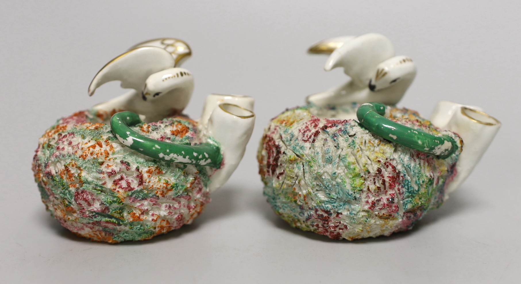 Two similar Staffordshire porcelain 'bird's nest' quill holders, c.1830-50